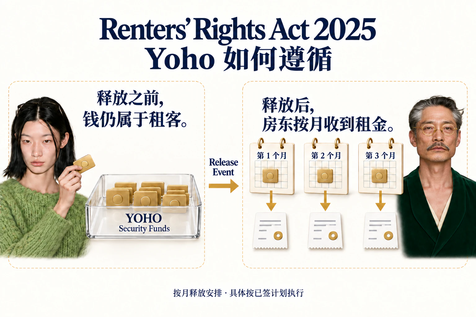 Renters' Rights Act 2025 — Yoho 如何遵循。左边：Release Event 执行之前，Security Funds 放在 Yoho 这里，受益权仍属租客。右边：每次 Release Event 之后，房东按月收到当期那一个月的租金 —— 第 1 个月、第 2 个月、第 3 个月各有一张回执 —— 不是提前收到整笔资金。按月释放安排，具体按已签计划执行。